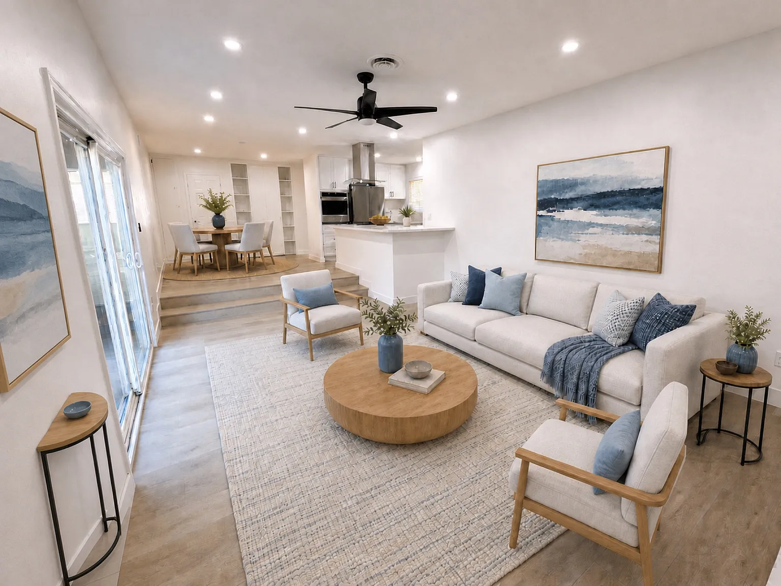 Virtually staged living room with coastal-style furnishings