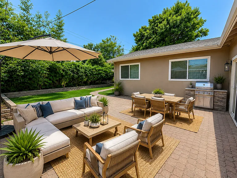 Virtually staged backyard with outdoor seating, dining and barbecue areas